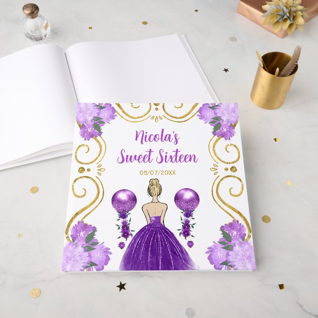 Sweet Sixteen Blonde Princess in Purple Guest Book (Front Open)