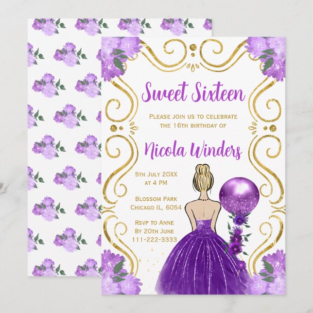Sweet Sixteen Blonde Princess in Purple Invitation (Front/Back)