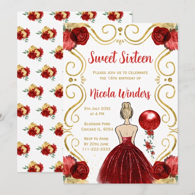 Sweet Sixteen Blonde Princess in Red Invitation (Front/Back)