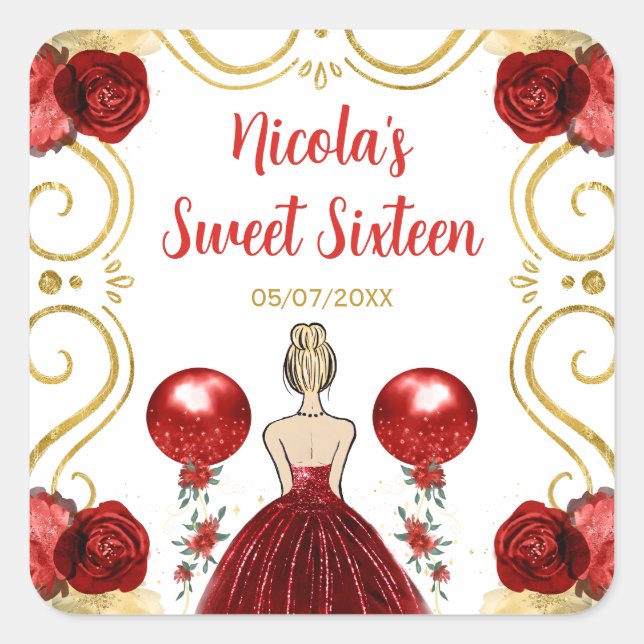 Sweet Sixteen Blonde Princess in Red Square Sticker (Front)