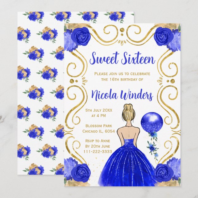Sweet Sixteen Blonde Princess in Royal Blue Invitation (Front/Back)