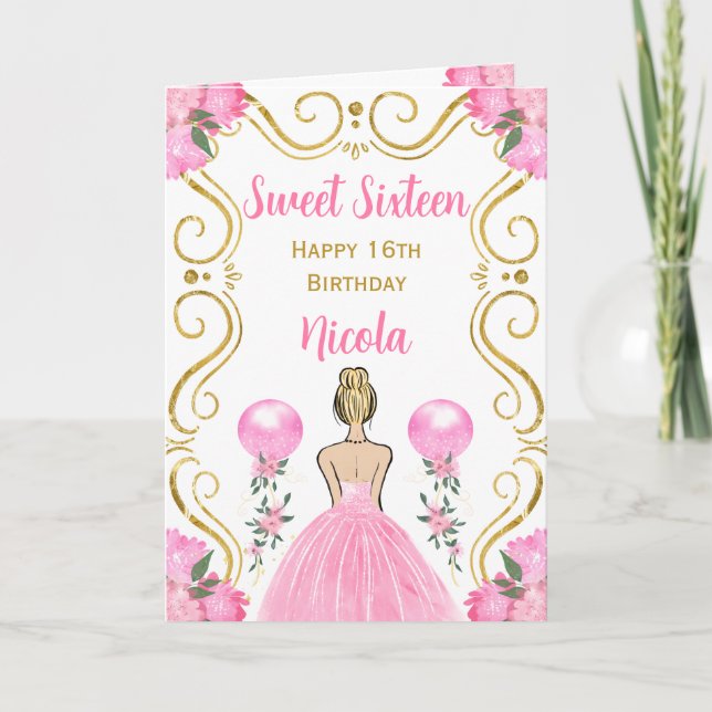Sweet Sixteen Blonde Princess Pink Happy Birthday Card (Front)