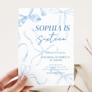 Sweet Sixteen Blue Bow Birthday Party  Invitation