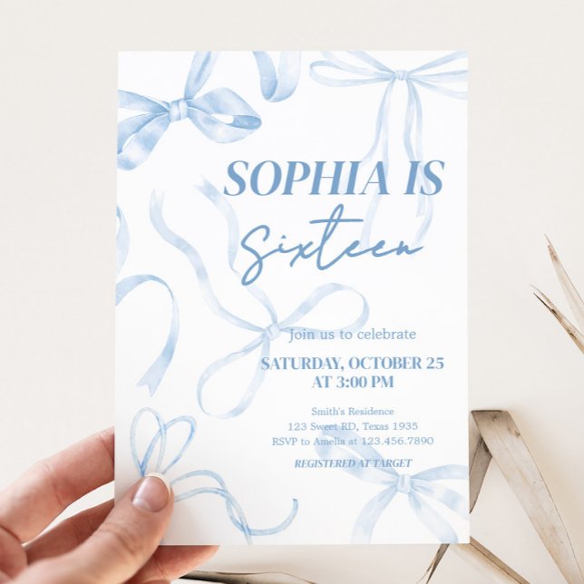 Sweet Sixteen Blue Bow Birthday Party  Invitation (Coquette Blue Bow Sweet Sixteen Birthday Party Invitation)