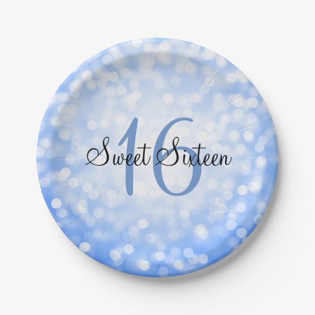 Sweet Sixteen Blue Glitter Lights Paper Plate (Front)