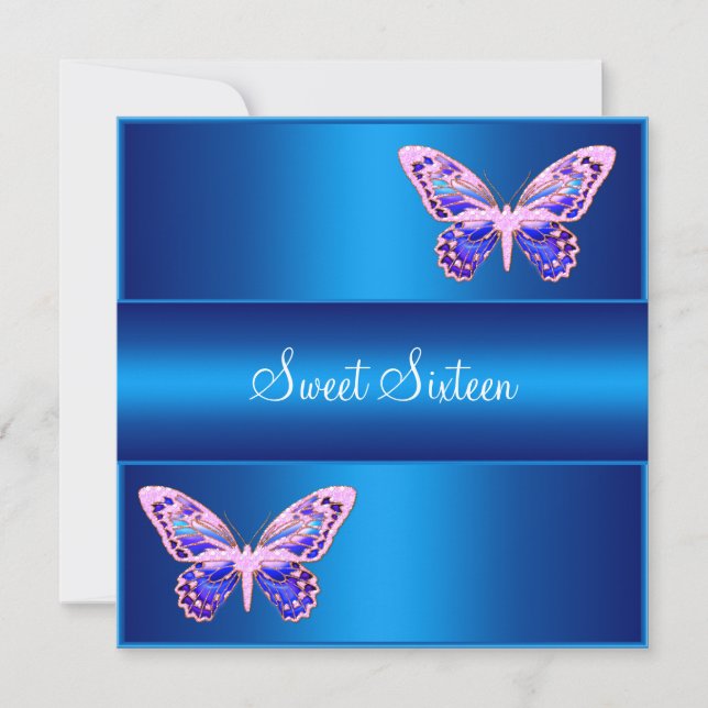 Sweet Sixteen Blue Purple Pink Butterfly Party Invitation (Front)