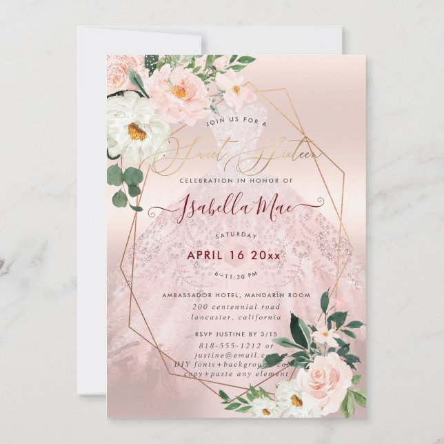 Sweet Sixteen Blush Cream Roses Watercolor Flowers Invitation (Back)