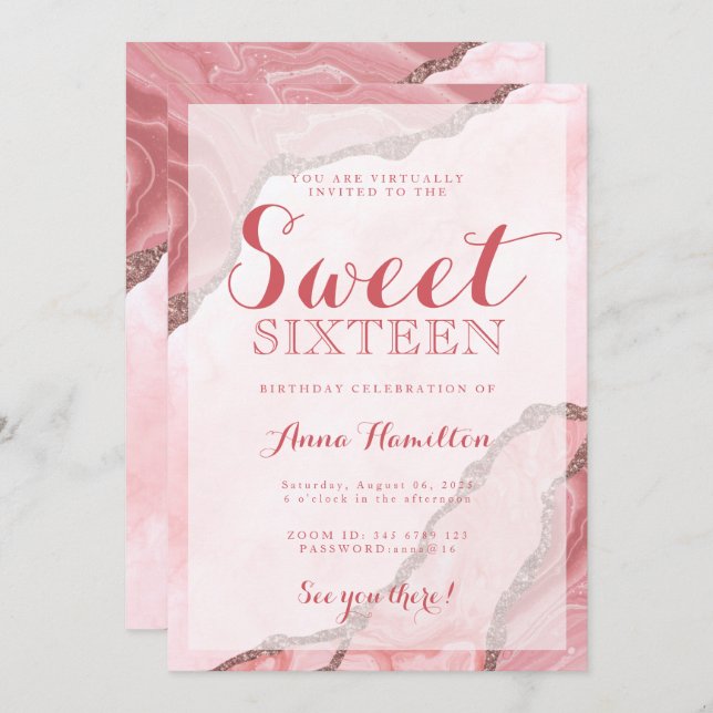 Sweet Sixteen Blush Pink Agate Virtual Birthday Invitation (Front/Back)