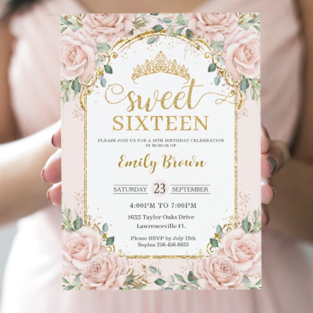 Sweet Sixteen Blush Pink Floral Gold 16th Birthday Invitation (Creator Uploaded)
