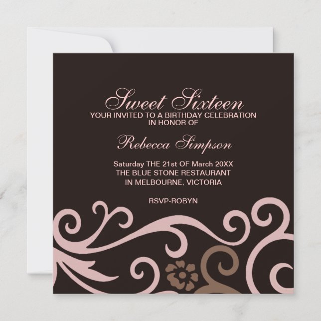 Sweet Sixteen Brown & Cream Swirl Birthday Invite (Front)