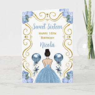 Sweet Sixteen Brown Hair Princess Blue Birthday Card