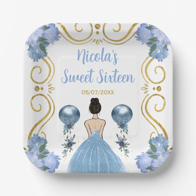 Sweet Sixteen Brown Hair Princess in Dusty Blue Paper Plate (Front)