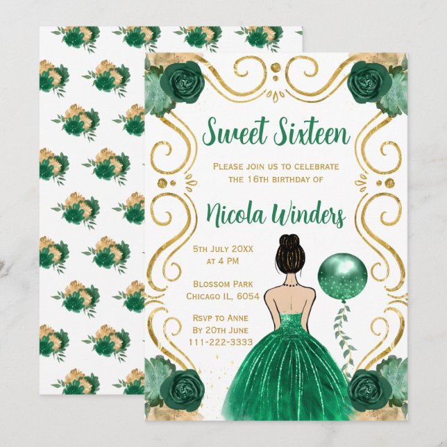 Sweet Sixteen Brown Hair Princess in Green Invitation (Front/Back)