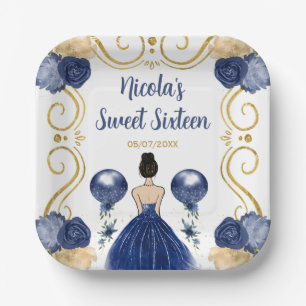 Sweet Sixteen Brown Hair Princess in Navy Blue Paper Plate