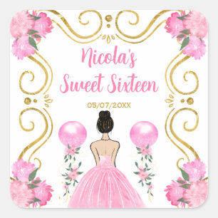 Sweet Sixteen Brown Hair  Princess in Pink Square Sticker