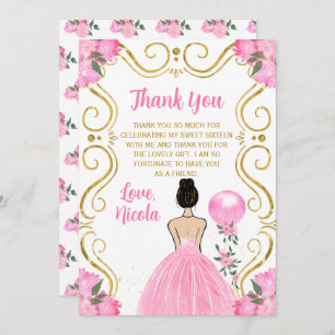 Sweet Sixteen Brown Hair Princess in Pink Thank You Card