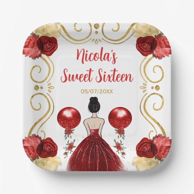 Sweet Sixteen Brown Hair Princess in Red Paper Plate (Front)
