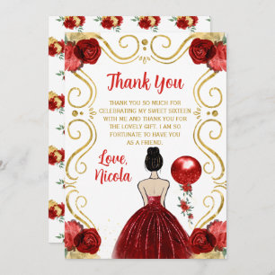 Sweet Sixteen Brown Hair Princess in Red Thank You Card