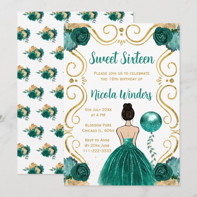 Sweet Sixteen Brown Hair Princess in Teal Invitation (Front/Back)