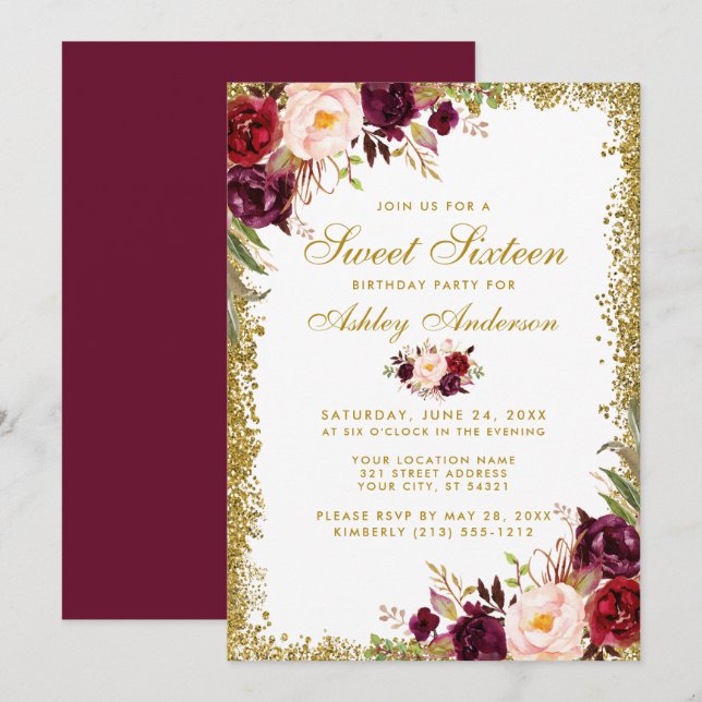 Sweet Sixteen Burgundy Floral Gold Glitter Invitation (Front/Back)