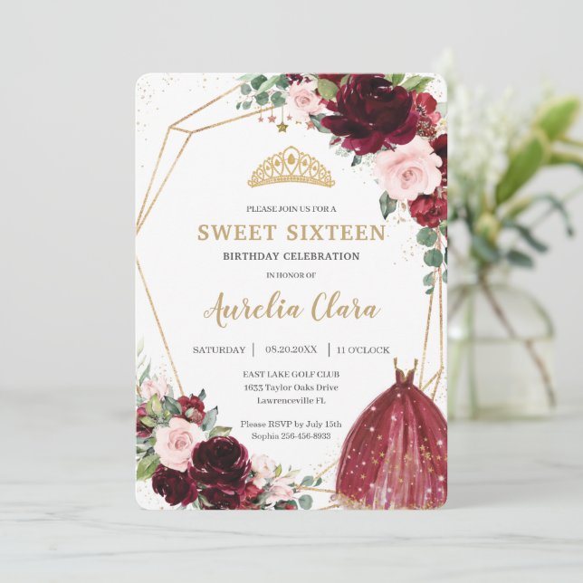 Sweet Sixteen Burgundy Pink Floral 16th Birthday  Invitation (Standing Front)