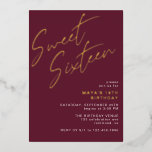 Sweet Sixteen Burgundy Red and Gold 16th Birthday<br><div class="desc">Modern and cool 16th birthday invitations with heading "Sweet Sixteen" text in gold foil on a contrasting dark red background. The reverse side features a pattern of the word "sixteen" in coordinating script. The reverse side pattern, as well as the background colour, can be changed by using the design tool....</div>