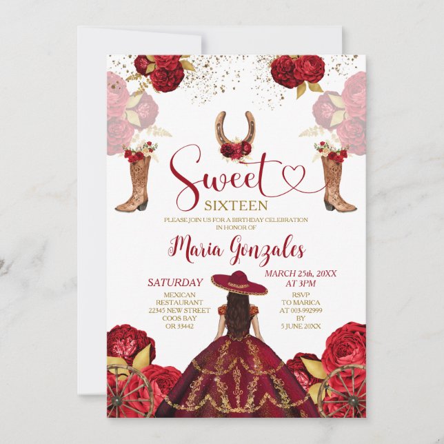 Sweet Sixteen Burgundy & Red Floral Birthday Party Invitation (Front)