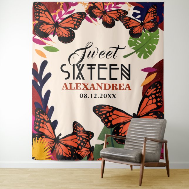 Sweet Sixteen Butterflies Floral Photo Backdrop Tapestry (In Situ)