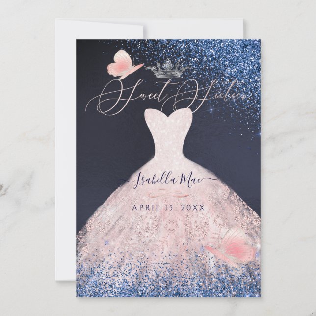 Sweet Sixteen Butterfly Blush Glitter Gown Navy Invitation (Front)