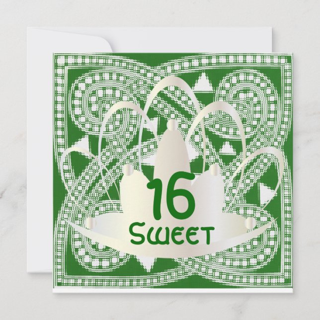 Sweet Sixteen Celtic Green White Invitation Card (Front)