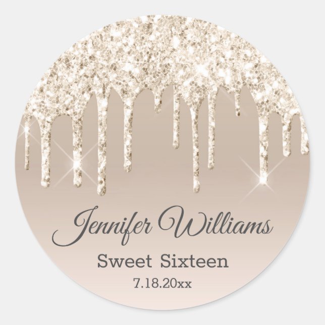 sweet sixteen champagne gold dripping glitters classic round sticker (Front)