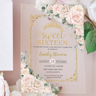 Sweet Sixteen Champagne Ivory Blush Floral Gold Acrylic Invitations