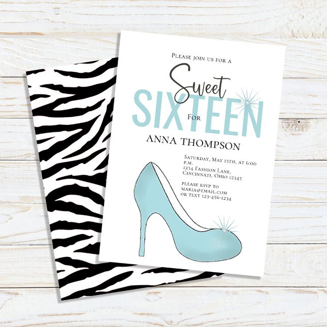 Sweet Sixteen Chic Birthday Party Girly Invitation (Sweet 16 custom invitations with teal-colored high-heeled shoes. )