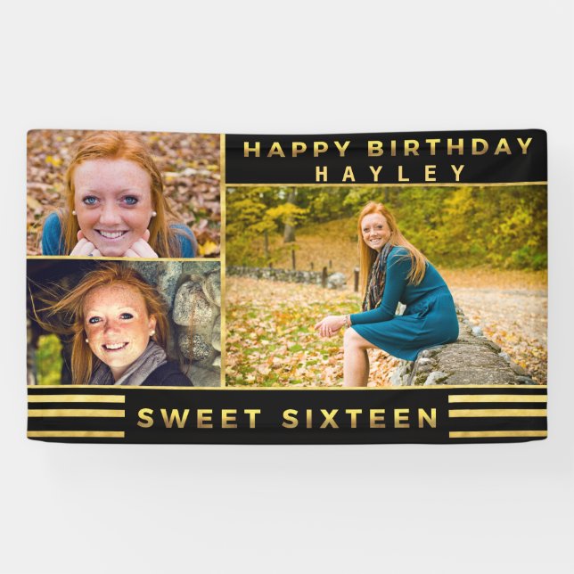 Sweet Sixteen Chic Gold Black Stripes Photo Banner (Horizontal)