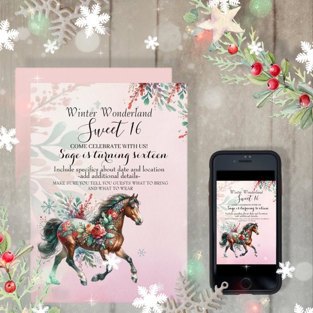 Sweet Sixteen Christmas Horse  Invitation (Enjoy this Festive Christmas design! Customize with your favorite holiday event or greeting. )
