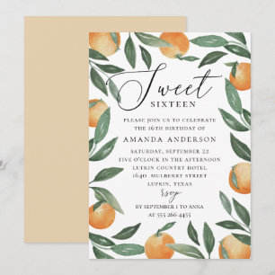 Sweet Sixteen   Citrus Orange & Greenery Birthday  Invitation