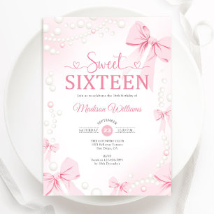 Sweet Sixteen Coquette Pink Bows Pearls Invitation
