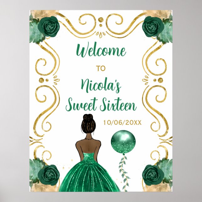 Sweet Sixteen Dark Skin Princess Green Welcome Poster (Front)