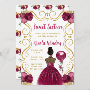 Sweet Sixteen Dark Skin Princess in Burgundy Invitation