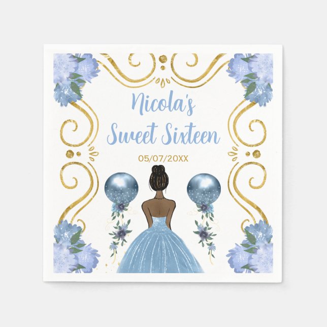 Sweet Sixteen Dark Skin Princess in Dusty Blue Napkin (Front)