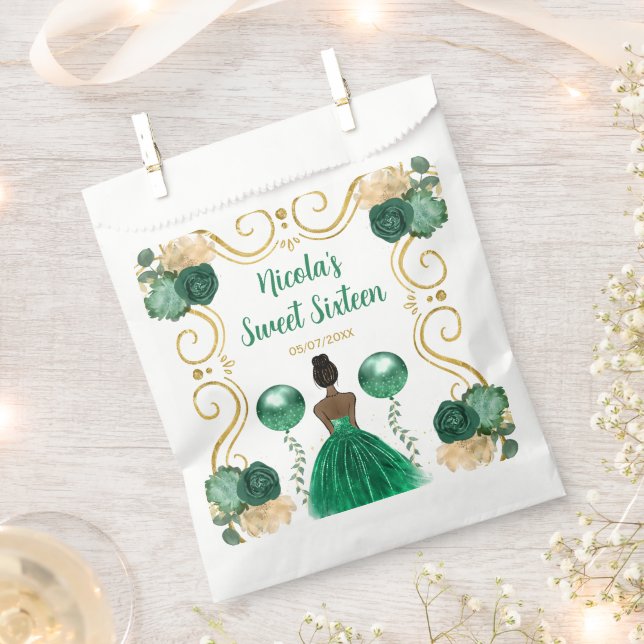 Sweet Sixteen Dark Skin Princess in Green Favour Bags (Clipped)