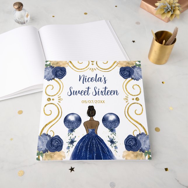 Sweet Sixteen Dark Skin Princess in Navy Blue Guest Book (Front Open)