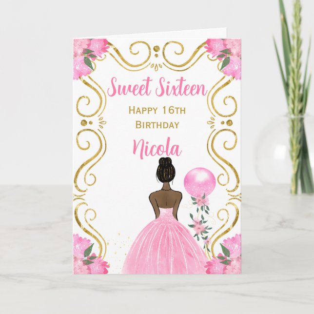 Sweet Sixteen Dark Skin Princess in Pink Card (Front)