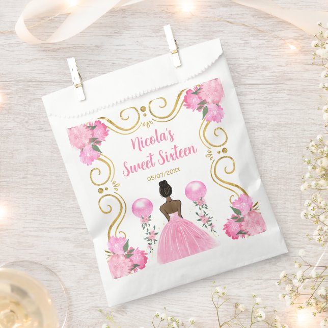 Sweet Sixteen Dark Skin Princess in Pink Favour Bags (Clipped)