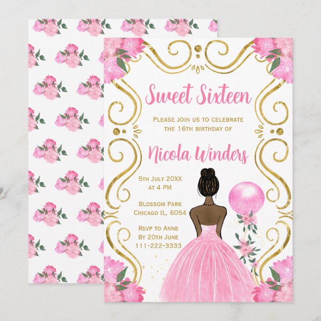 Sweet Sixteen Dark Skin Princess in Pink Invitation (Front/Back)