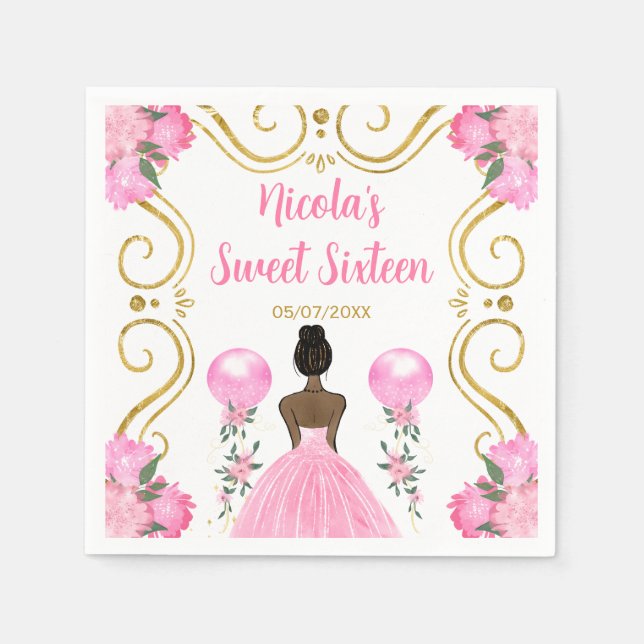 Sweet Sixteen Dark Skin Princess in Pink Napkin (Front)