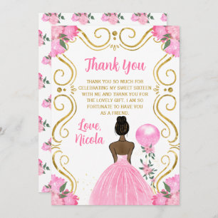 Sweet Sixteen Dark Skin Princess in Pink Thank You Card