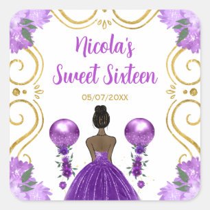 Sweet Sixteen Dark Skin Princess in Purple Square Sticker