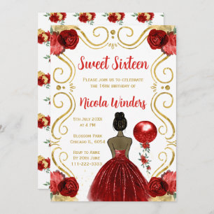 Sweet Sixteen Dark Skin Princess in Red Invitation