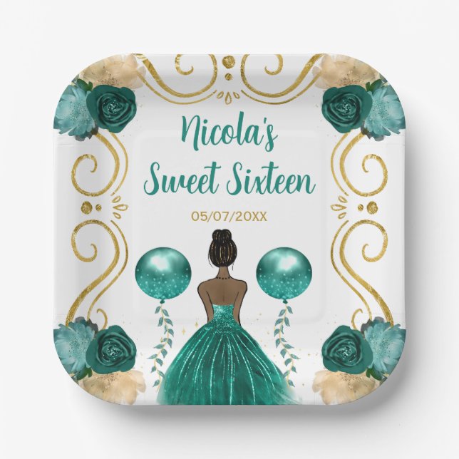 Sweet Sixteen Dark Skin Princess in Teal Paper Plate (Front)